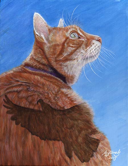 Bird Watching (11x14 tabby cat bird painting)