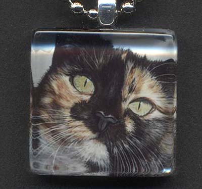 Glass Tile Pendant of Calico Tortoiseshell Cat
