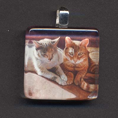 Glass Tile Pendant of Calico and Tabby Cat Cats