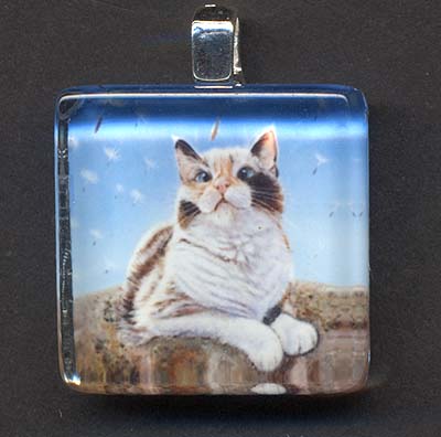 Glass Tile Pendant of Calico Cat and Dandelion