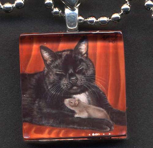 Glass Tile Pendant of Black Cat and Mouse