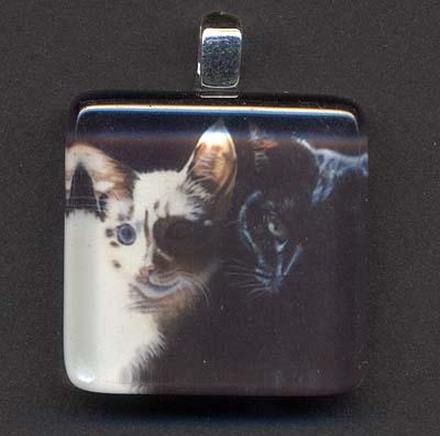 Glass Tile Pendant of Calico and Black Cat Cats