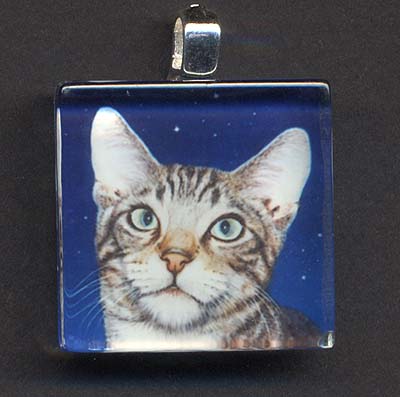 Glass Tile Pendant of Gray Tabby Cat and Stars